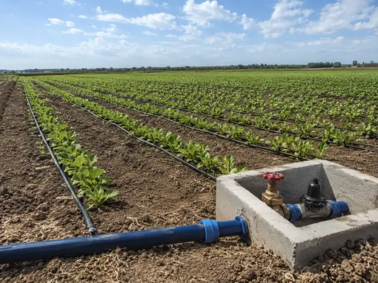 Agricultural drip irrigation field showing polyethylene lateral lines and emitter headers prone to iron clogging