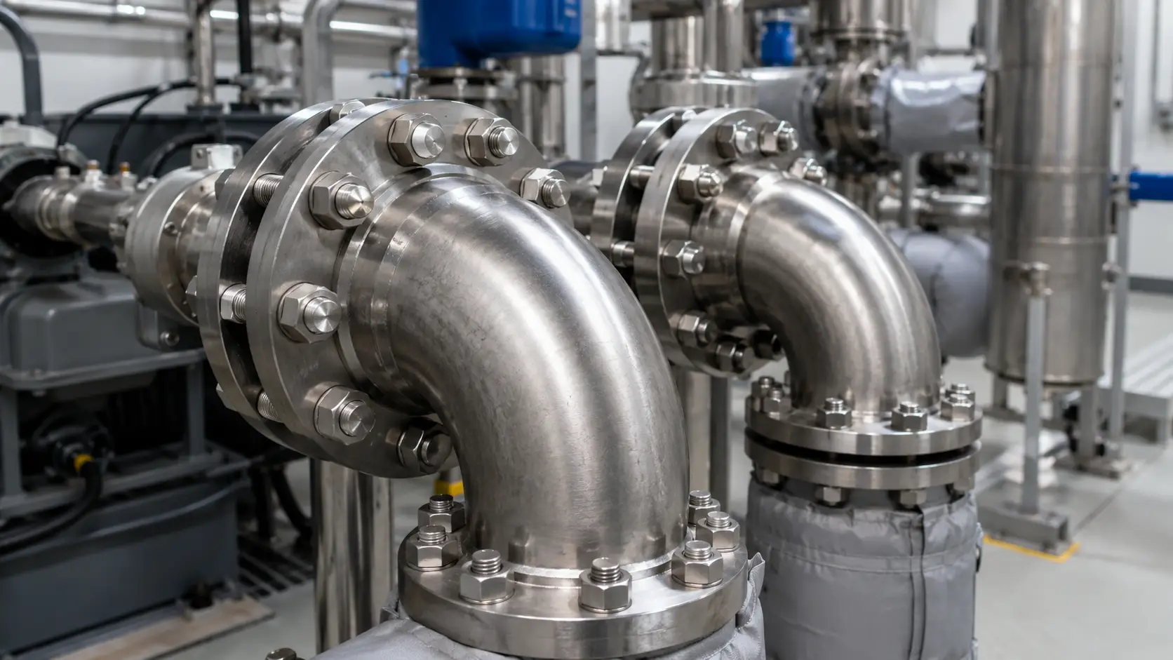 High pressure SS316L flanges and elbows at boiler feed pump outlet connections in a water treatment system