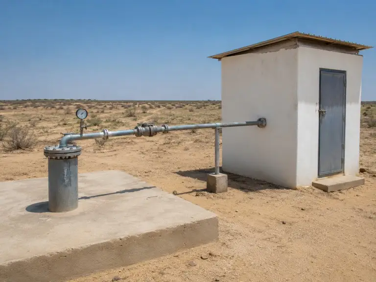 Borehole wellhead pump and casing at a groundwater extraction site for iron and manganese removal pre-treatment