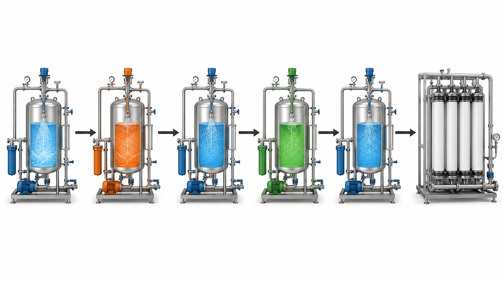 CIP cleaning cycle flow diagram showing five-stage sequence: pre-rinse, alkaline, intermediate rinse, acid, and post-rinse