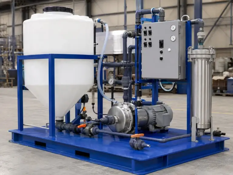 CIP membrane cleaning skid showing SS316L pump, conical-bottom chemical tank, cartridge filter housing, and control panel
