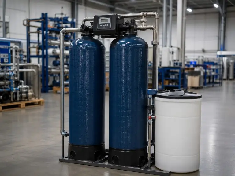 Double valve double tank water softener schematic with independent control valves and parallel service paths