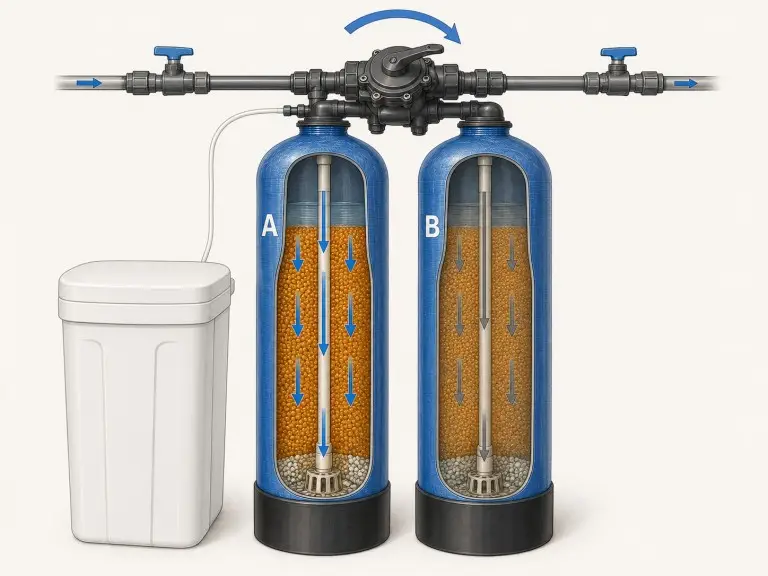 Valve configuration comparison diagram showing single-valve dual-tank alternating softener beside double-valve double-tank parallel softener with labeled independent valve positions