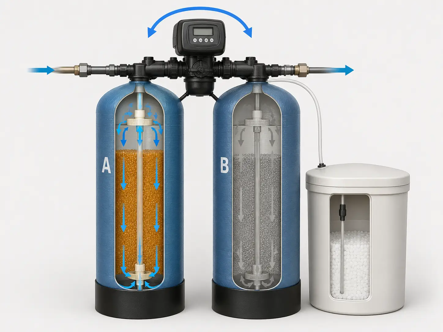 Single valve double tank water softener showing two resin vessels sharing one alternating control valve with active and standby flow paths