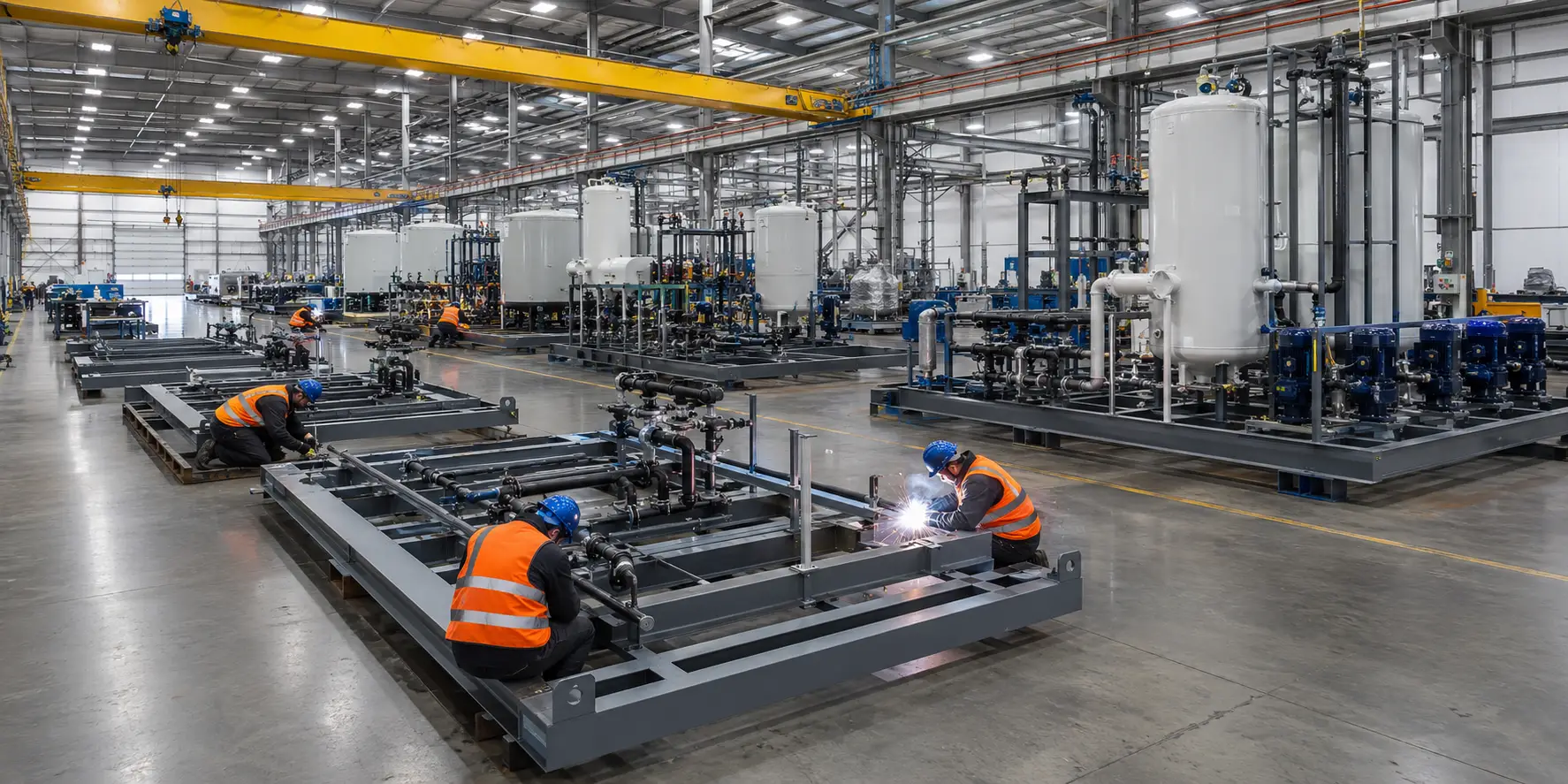 Factory workshop showing water treatment skid fabrication and CIP membrane cleaning system assembly operations