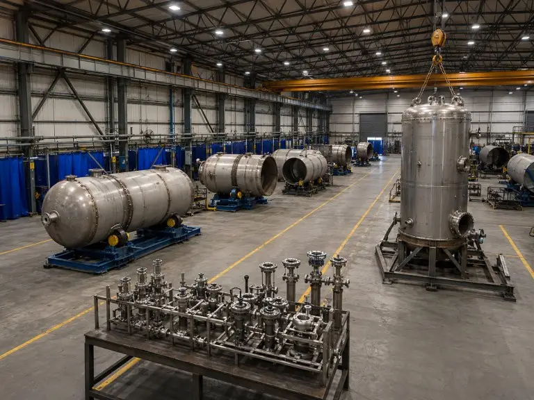 Filter manufacturing workshop with overhead crane, welding stations, and pressure vessel assembly line