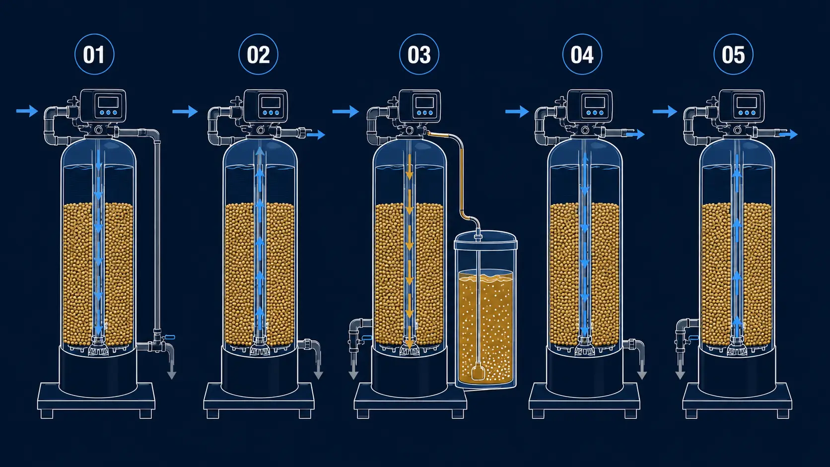 Five-phase regeneration cycle diagram showing service, backwash, brine draw, slow rinse, and fast rinse for single valve single tank water softener