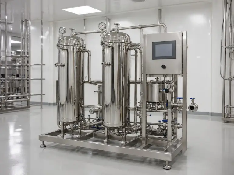 Stainless steel water filtration system for iron removal in a food and beverage bottling production line