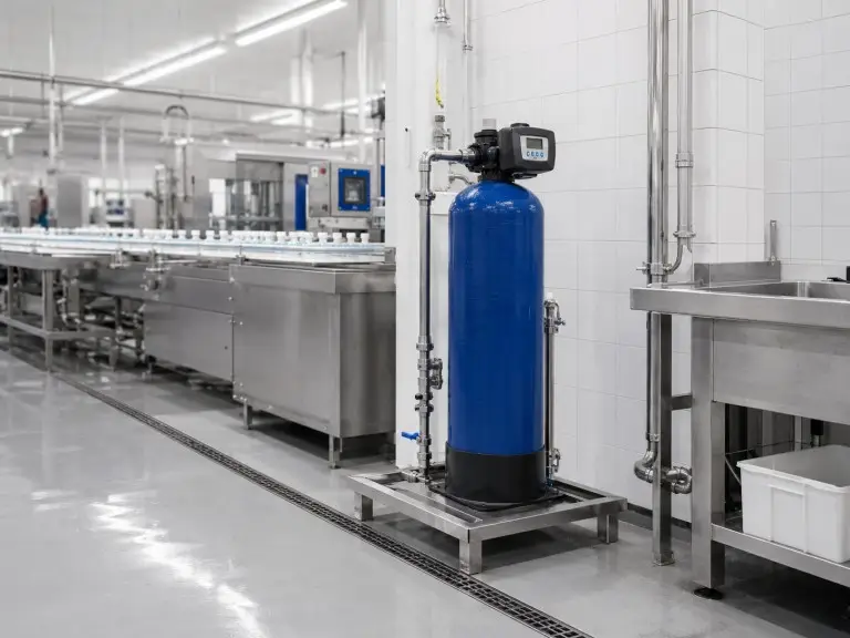 Food process water softener aligned with shift changeover or cleaning window