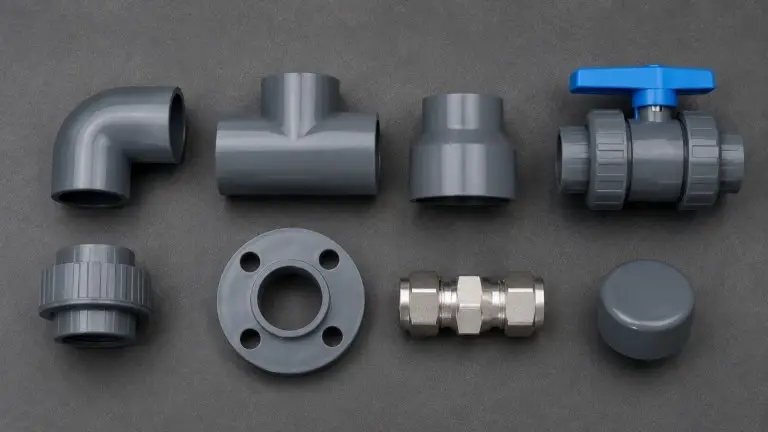 Array of water treatment pipeline fittings including elbows, tees, unions, flanges, and reducers with DN size labels