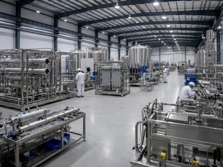 High-purity water treatment system assembly workshop — pharmaceutical GMP water room and electronics UPW system production