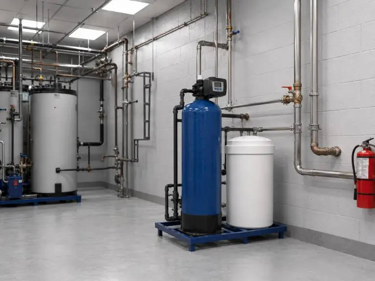 Single tank water softener for hotel laundry and domestic hot water