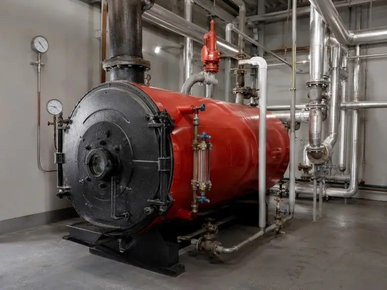 Industrial fire-tube boiler installation with feedwater piping requiring iron removal pre-treatment for scale prevention