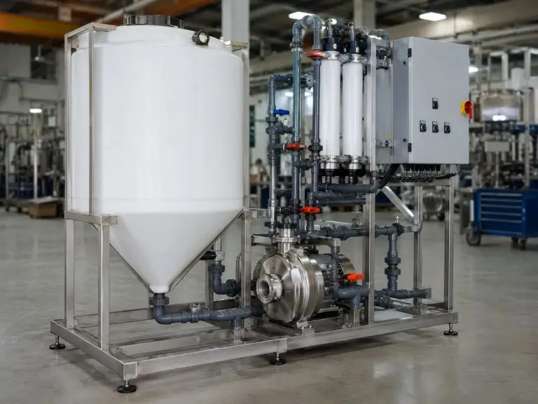 Industrial CIP skid on structural steel frame with conical-bottom PE chemical tank and centrifugal pump