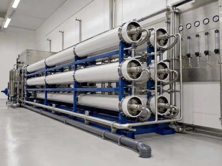 Industrial RO membrane pressure vessels in a water treatment plant receiving iron-free pre-treated feed water