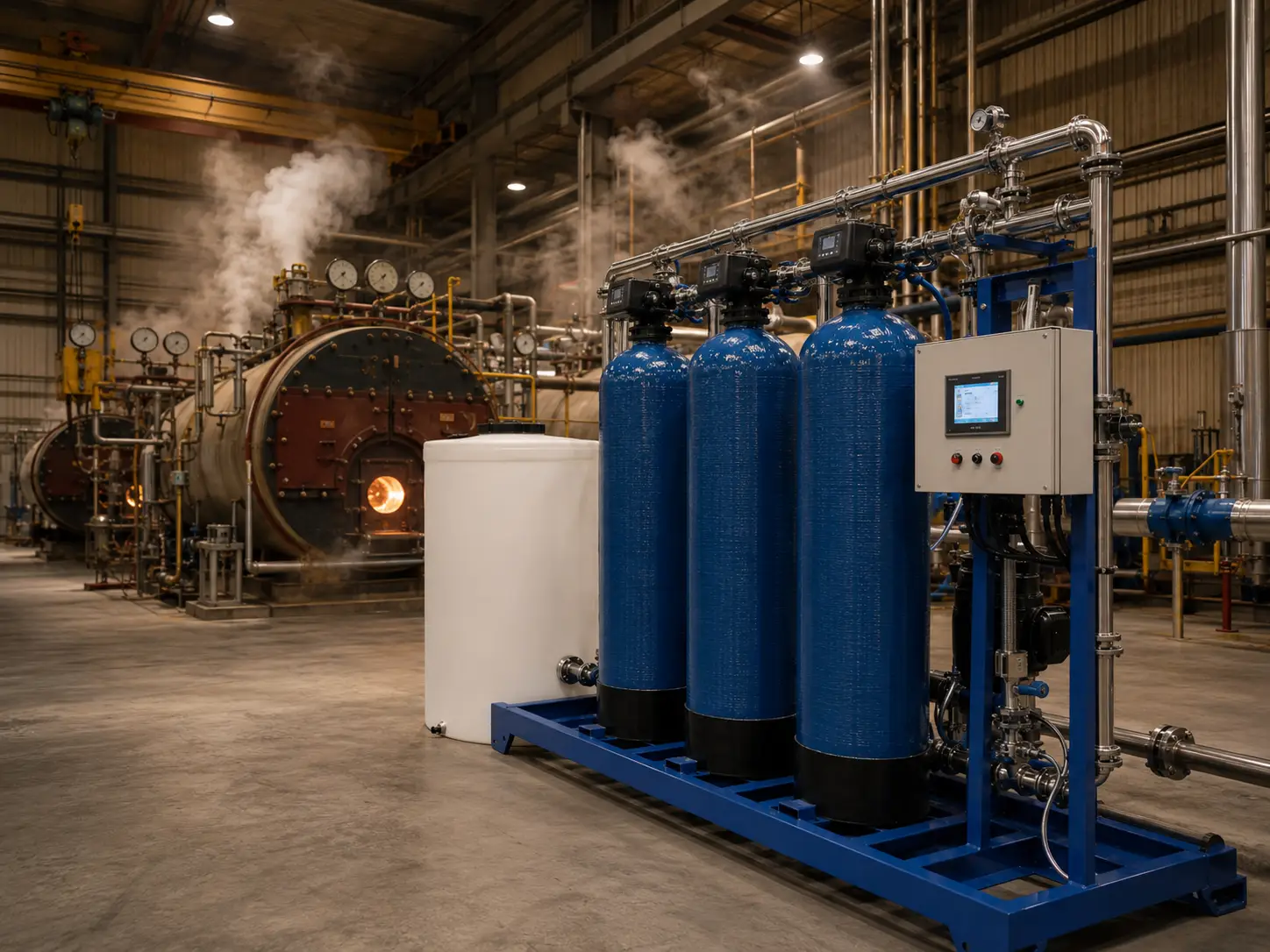 Industrial boiler room with multi-tank water softener skid visible in foreground — large-scale continuous boiler feed water application