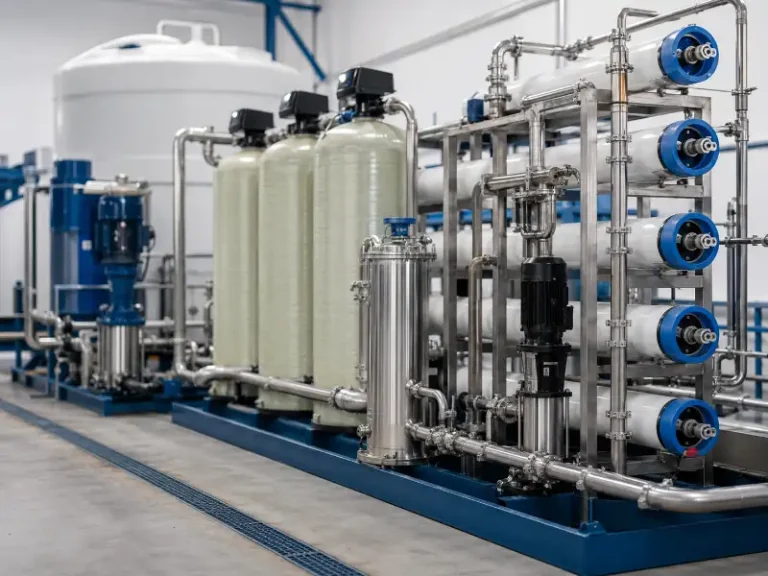 Skid-mounted industrial RO pure water system with pretreatment filters, high-pressure pump, and membrane housings inside a manufacturing facility