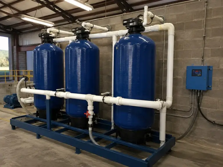 Water filter for iron removal — FRP filter vessels with backwash piping in a groundwater pumping station