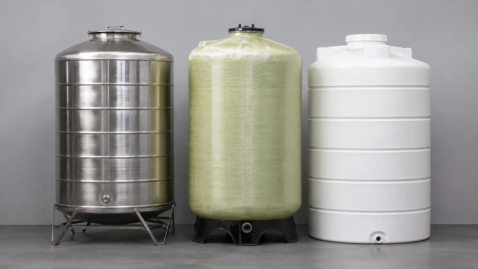 Water storage tanks supply material options: stainless steel, FRP, and polyethylene industrial tank comparison