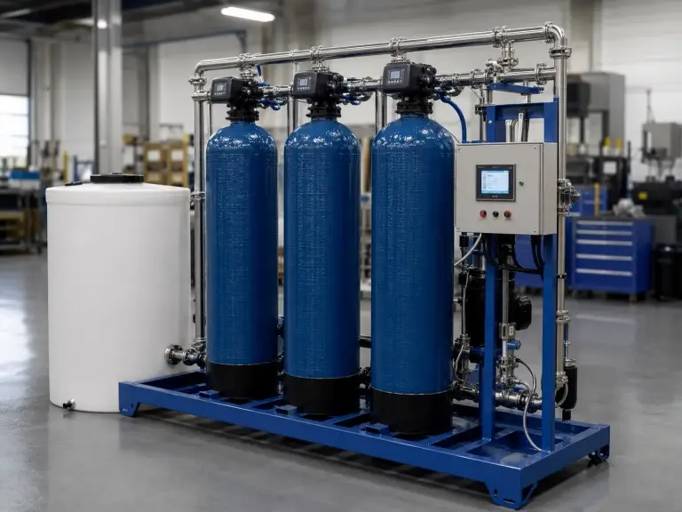 Multi tank water softener triplex FRP vessel skid with common header piping and PLC control panel