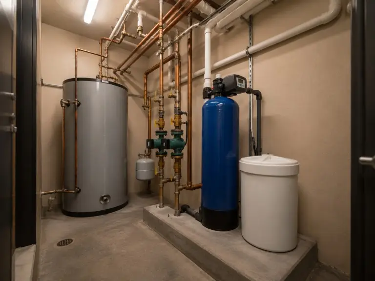 Single tank water softener for office building domestic hot water and HVAC loops