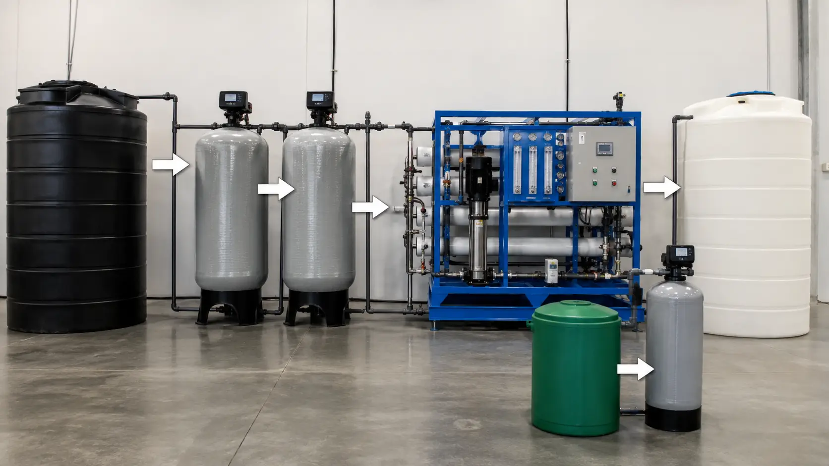 PE water tank system diagram showing raw water holding, pre-filter feed, RO membrane, permeate storage, and softener brine loop