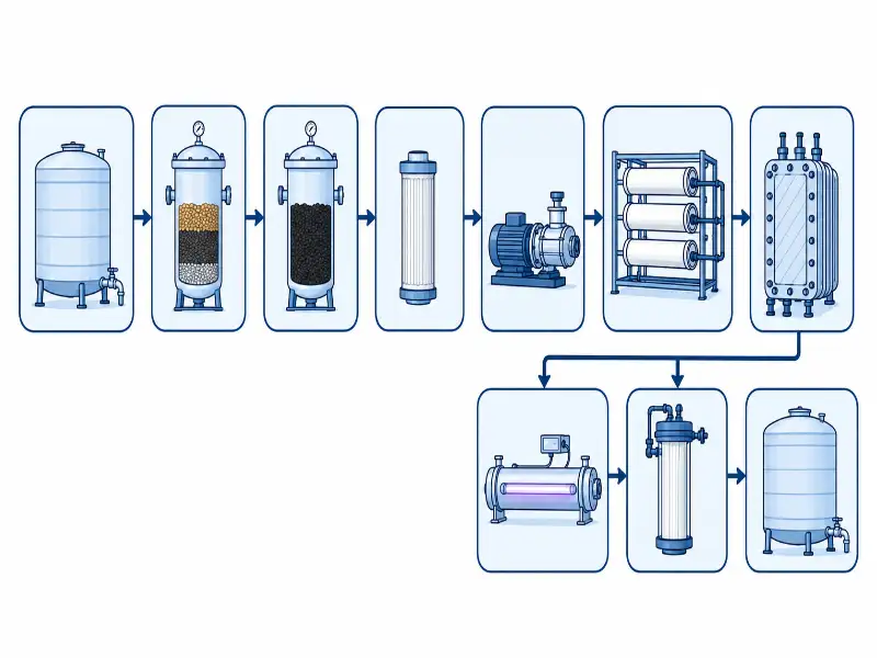 Technical schematic showing raw water tank, multimedia filter, activated carbon filter, cartridge filter, high-pressure pump, RO membrane array, EDI module, UV unit, and pure water storage tank in sequence