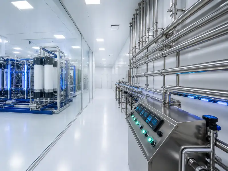 Industrial pure water equipment installed in a cleanroom environment with stainless steel piping, instrument panels, and conductivity monitoring displays