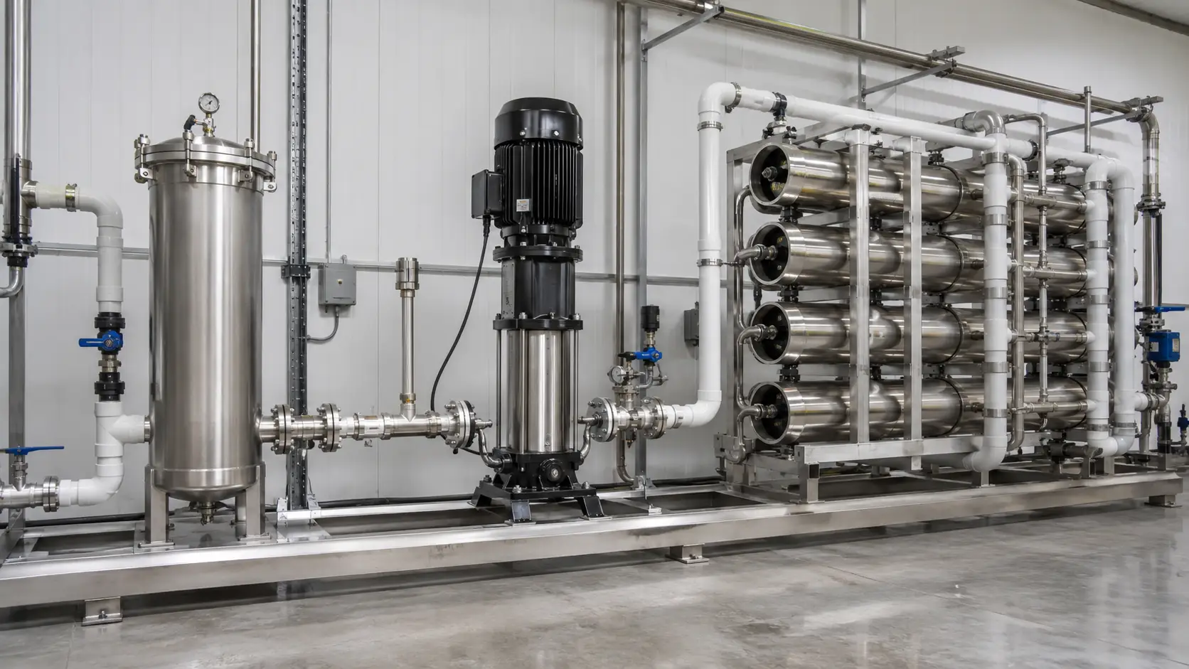 RO system high pressure pump position in the reverse osmosis treatment train - pre-treatment to pump to membrane array