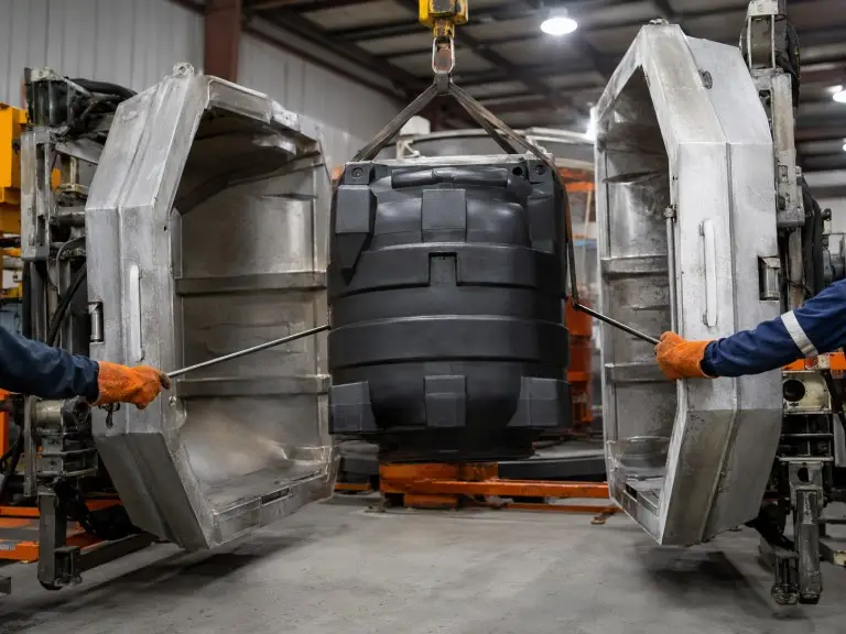 Rotational molding process for PE plastic water tanks - one-piece seamless tank emerging from mold in Hiju factory, Qingdao
