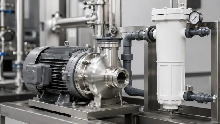 SS316L centrifugal pump and cartridge filter housing on CIP membrane cleaning skid with inlet outlet connections