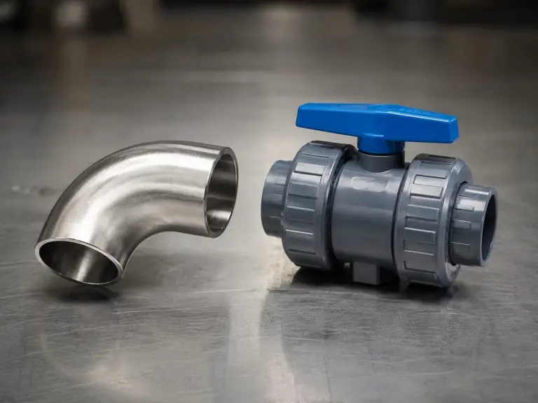 SS316L elbow and UPVC true union ball valve on factory workbench for pipeline fitting material comparison