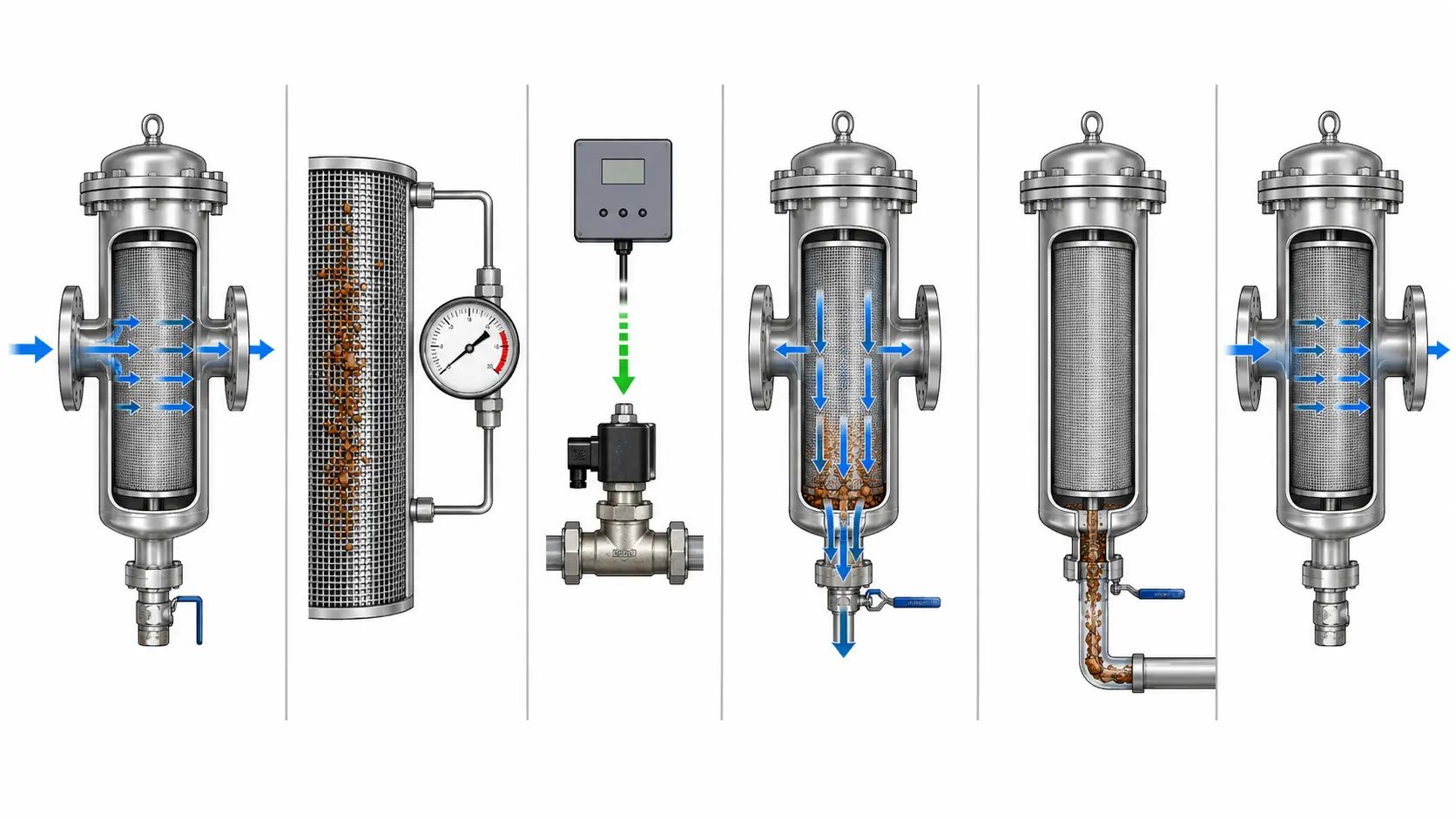 Self-cleaning filter backwash cycle steps: filtration, differential pressure buildup, flush valve opens, solids drain to discharge, return to full service