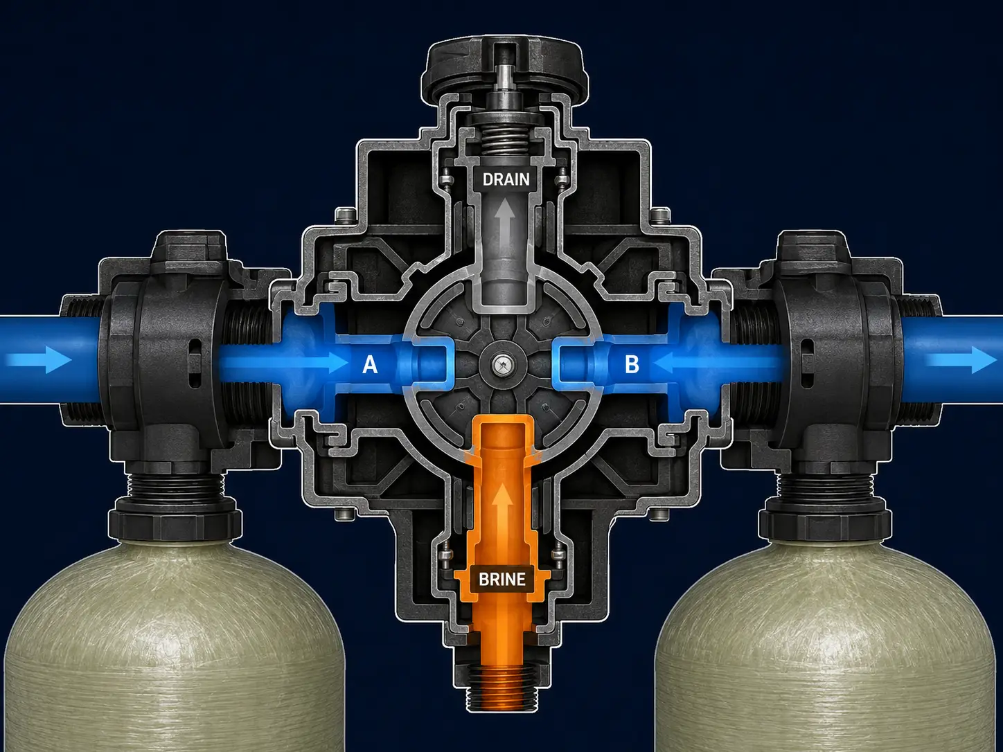 Shared alternating control valve mechanism showing internal port positions for service, switchover, and regeneration on a dual-tank water softener