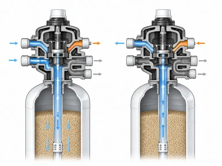 Single control valve multi-port mechanism diagram for single tank water softener service and backwash positions