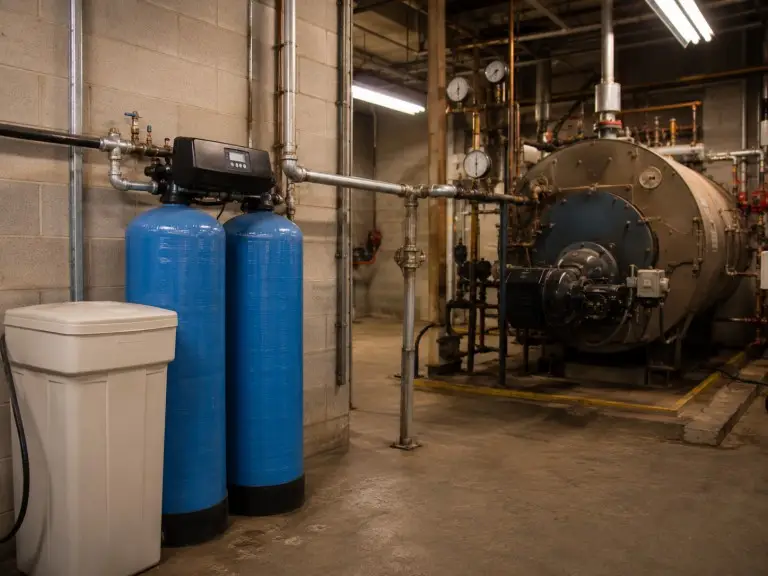 Alternating duplex water softener for continuous boiler feed water makeup