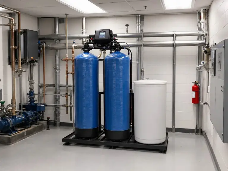 Alternating duplex softener for hotel and large commercial building hot water