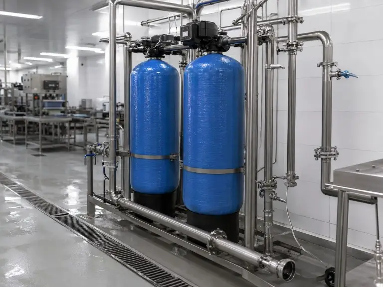 Alternating duplex water softener serving continuous industrial process water lines