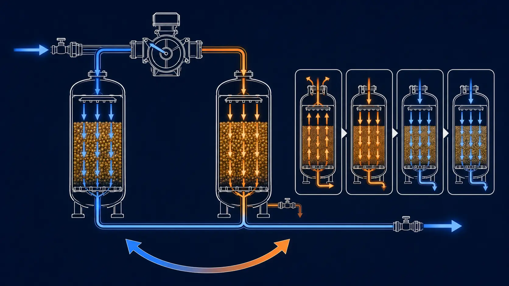 Double valve double tank softener brine system with shared salt storage and regeneration flow paths