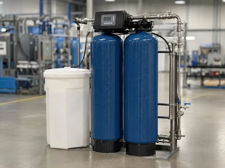 Single valve double tank water softener showing shared control valve routing feedwater to active resin tank while standby tank regenerates