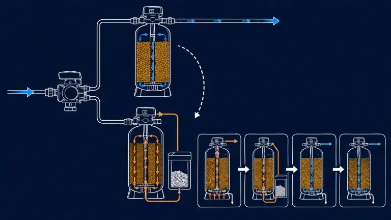 Single valve double tank softener process flow with active ion exchange tank and parallel standby regeneration path