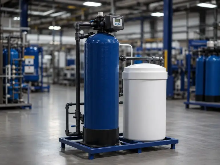 Single valve single tank water softener system showing one automatic control valve, one resin vessel, and one brine tank