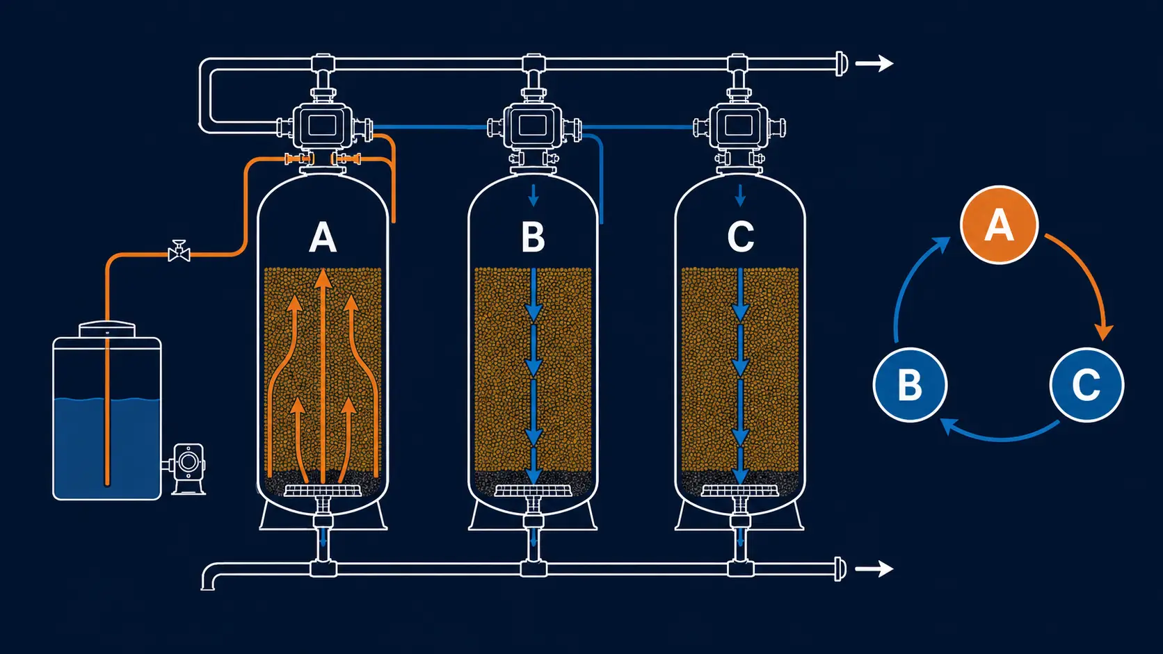 Triplex water softener rotation diagram with two tanks in service and one tank regenerating