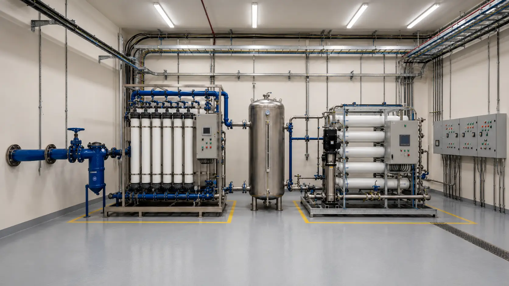 Ultrafiltration system treatment train diagram showing feed water UF stage and downstream reverse osmosis connection