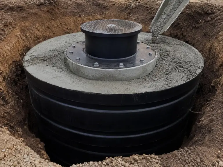 Underground black HDPE water storage tank - load-rated flanged cover and concrete surround installation