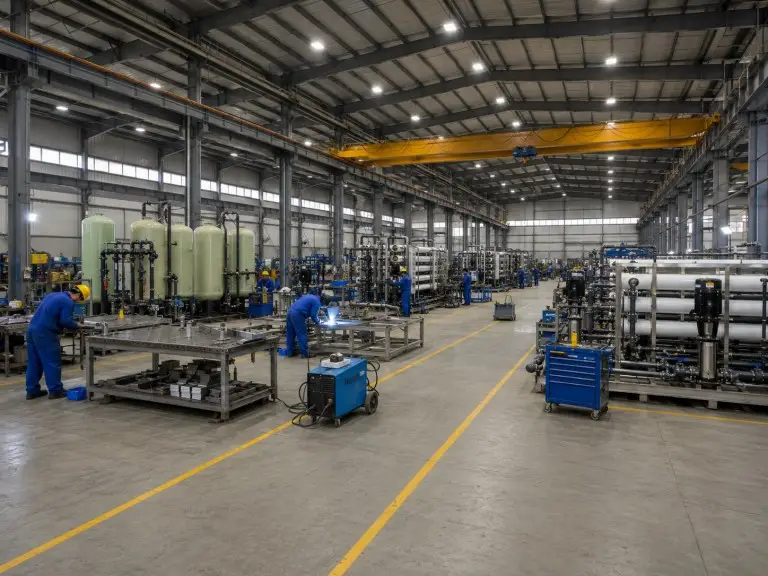 Water treatment equipment assembly workshop — textile and dyeing water treatment system production