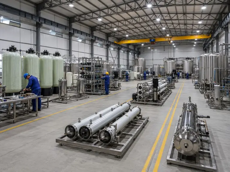 Water treatment equipment assembly workshop — hotel and commercial building water treatment system production
