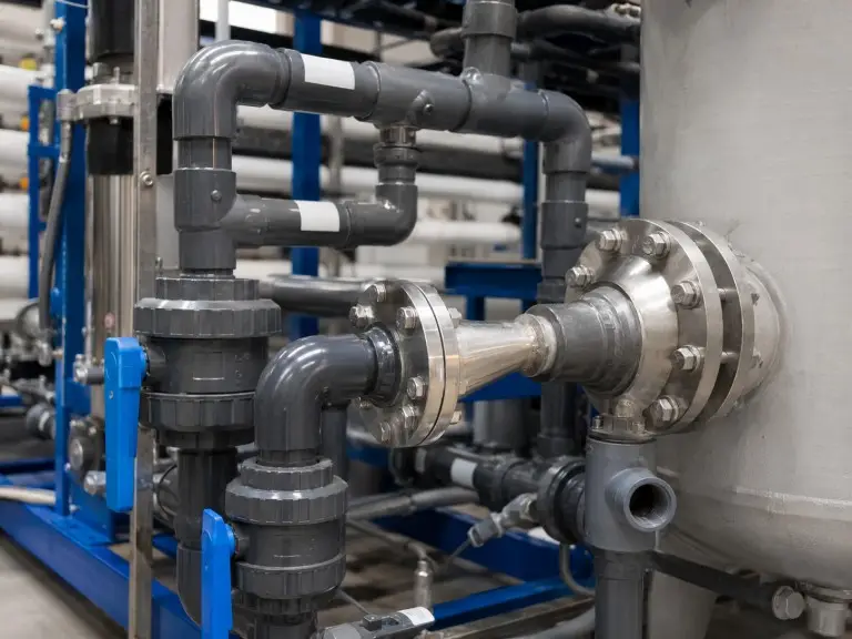 Industrial water treatment piping network showing elbows, union ball valves, and flanges connecting filter vessels and RO membrane rack
