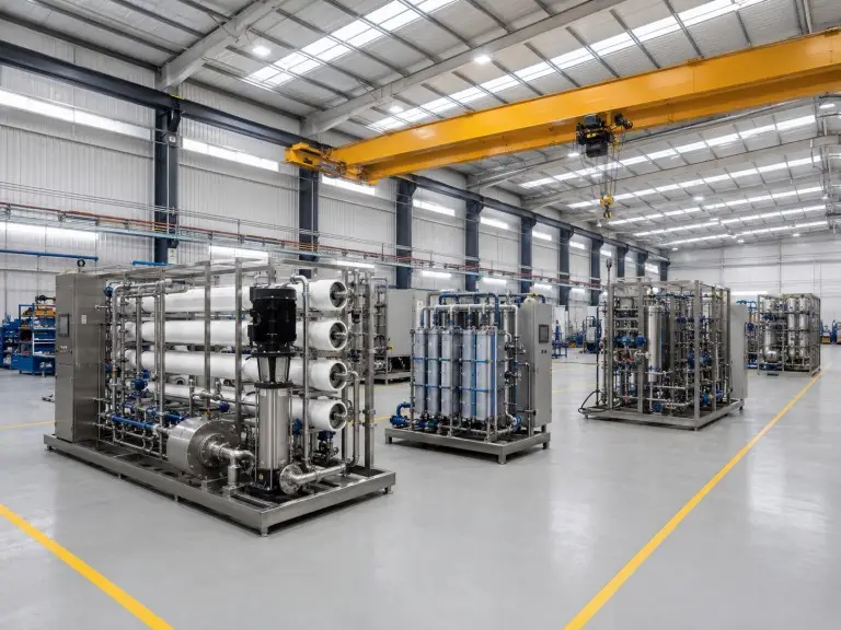 Industrial water treatment workshop assembly floor with RO and EDI skids under production