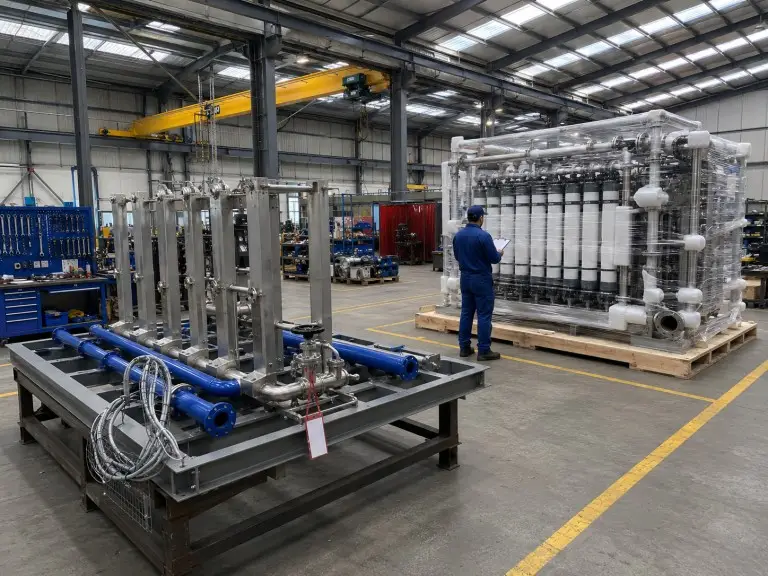 Hiju production workshop showing UF system skid assembly and quality control process